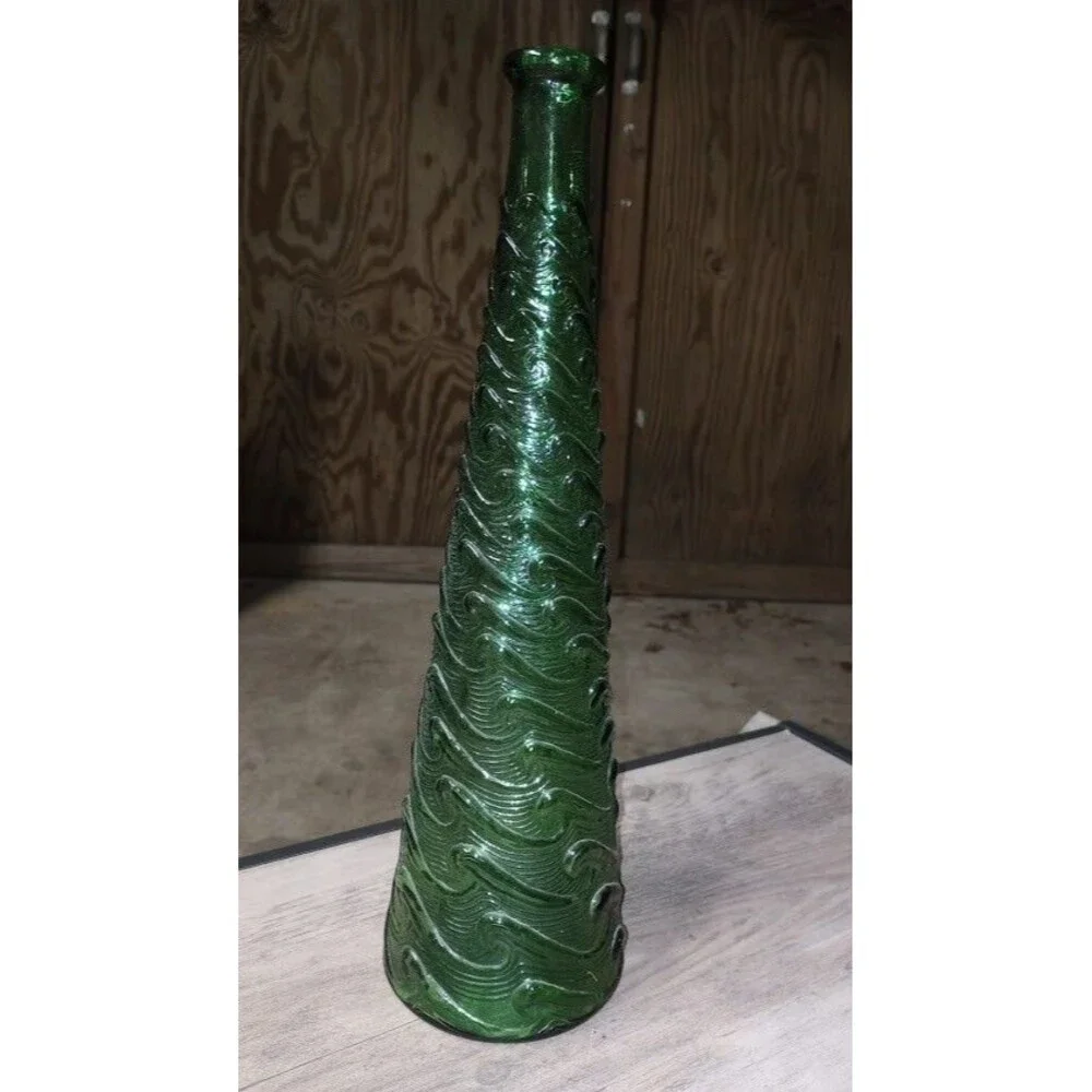 VINTAGE Empoli Glass Genie Bottle GREEN Wave Vase Italy 15.5” MCM
